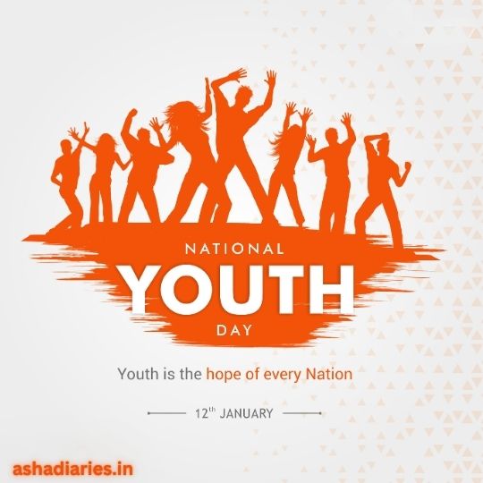 National Youth Day Celebration Poster with a Group of Young People Dancing and Celebrating. the Text Reads 'Youth is the hope of every Nation' and '12th January'. The website ashadiaries.in is mentioned at the bottom.