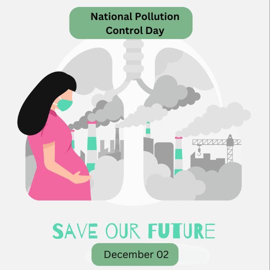 Promotional Image for National Pollution Control Day Featuring a Pregnant Woman Looking at a Polluted Cityscape Inside a Thought Bubble, Emphasizing the Need to 'Save Our Future' with the date 'December 02' displayed.