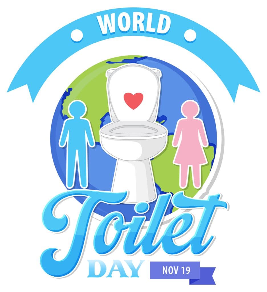 Logo for World Toilet Day Featuring a Globe with a Toilet at Its Center, Topped with a Heart, Flanked by Stylized Male and Female Figures. a Blue Banner Arcs Above with the Text 'World Toilet Day' and the date 'Nov 19' on a lower ribbon.