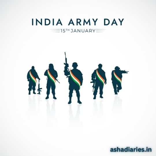 the Image Displays a Graphic Design for India Army Day, Celebrated on 15th January. It Features Silhouettes of Five Indian Army Soldiers in Various Poses, with Each Silhouette Adorned by the Indian National Flag Colors—saffron, White, and Green. the Text "india Army Day" and the Date "15th January" Are Prominently Displayed at the Top.