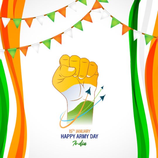 Indian Army Day Celebration Poster with a Raised Fist in the Colors of the Indian Flag, Surrounded by Green and Orange Ribbons, Set Against a Background of White Bunting and Tri-color Flags.