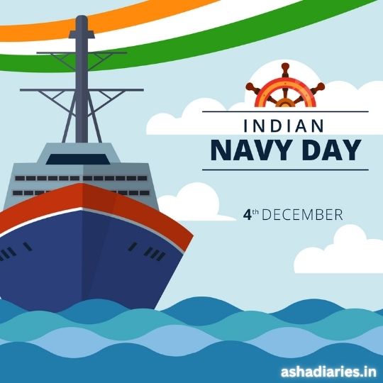 the Image is a Colorful Graphic Promoting Indian Navy Day on December 4th. It Features a Large Navy Ship with the Indian Flag's colors—saffron, white, and green—flowing above. The ship is depicted sailing on blue waves, with a steering wheel icon above it, encapsulating the essence of the navy. The background is a stylized blue sky with clouds, and the text "Indian Navy Day" is prominently displayed, emphasizing the significance of the date.