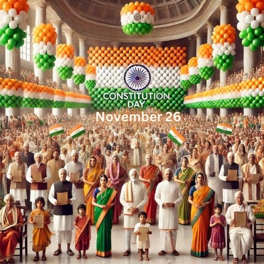 the Image Showcases a Large Gathering of Diverse Indian People in a Grand Hall, Celebrating Constitution Day on November 26. the Setting is Decorated with Orange, White, and Green Balloons, Reflecting the Colors of the Indian Flag. in the Center, Prominent Figures in Traditional and Formal Attire Hold the Indian Constitution. the Crowd, Consisting of People of Various Ages and Backgrounds, Appears United and Proud, Symbolizing National Unity and Respect for the Country's constitutional values.