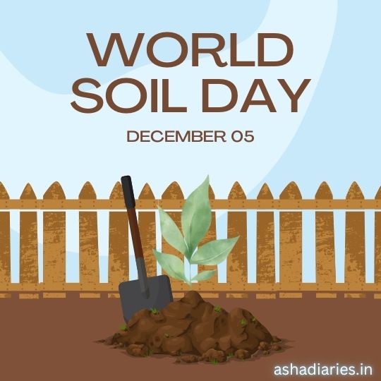 World Soil Day Promotional Graphic with a Sapling, Shovel, and Soil Mound, Against a Backdrop of a Wooden Fence and Clear Sky.