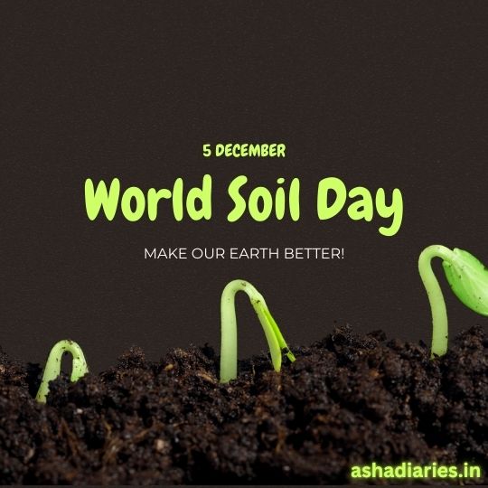 Promotional Graphic for World Soil Day Featuring a Close-up View of Rich Dark Soil with Sprouting Green Plants. the Text in Vibrant Green Reads '5 December World Soil Day' and 'Make our Earth better!' hosted on ashadiaries.in.