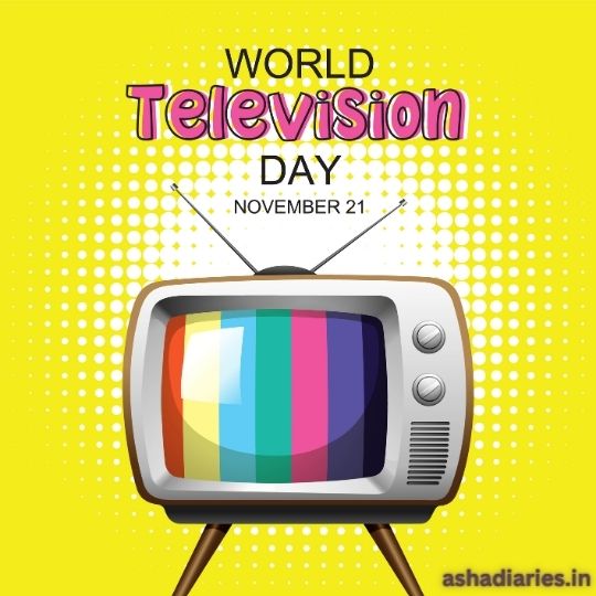 World Television Day Poster with a Vintage Tv Displaying Color Bars. the Poster Has a Bright Yellow Background with a Dotted Pattern and Features the Date November 21. the Website Ashadiaries.in is Mentioned at the Bottom Right Corner.