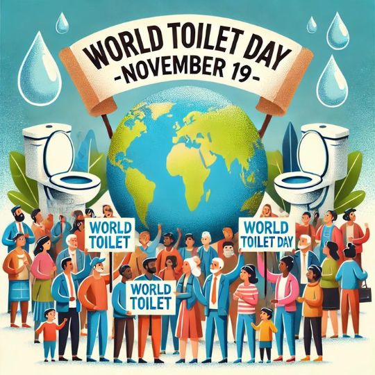 Alt Text: "illustration of Diverse People Holding Signs with 'World Toilet Day' around a globe, with toilet symbols and water drops in the background. The text 'World Toilet Day - November 19' is prominently displayed at the top."