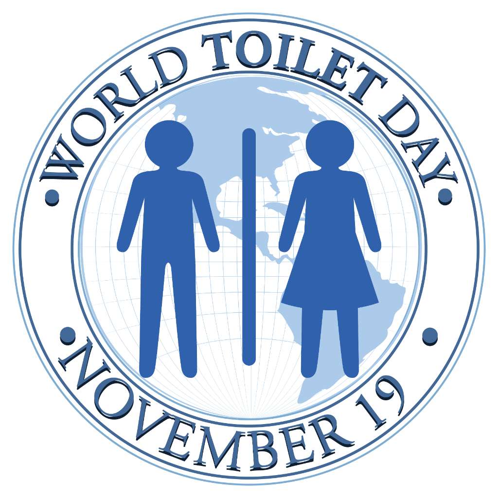 World Toilet Day Logo Featuring a Blue and White Color Scheme, with Silhouettes of a Male and Female Figure, and a Globe in the Background. the Text "world Toilet Day. November 19" is Included Within the Logo's border.