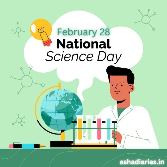 Illustration of a Scientist with a Globe and Test Tubes, Celebrating National Science Day on February 28, with the Website Ashadiaries.in Mentioned in the Image.