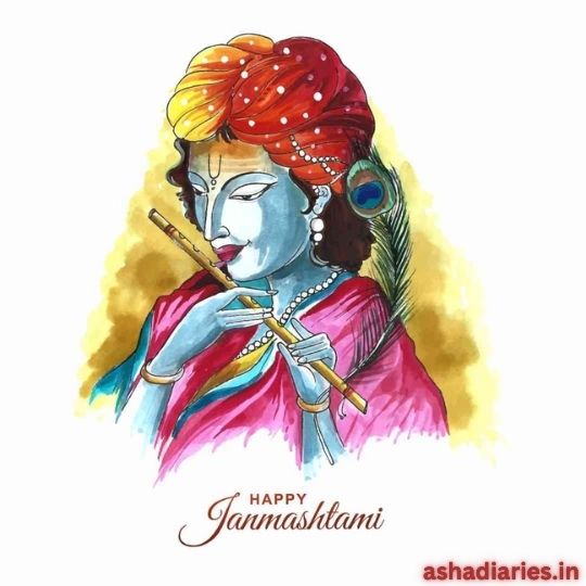 Illustration of Lord Krishna Playing a Flute, with the Text 'Happy Janmashtami' and a watermark 'ashadiaries.in'.