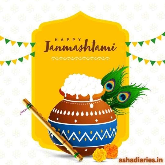 Happy Janmashtami Celebration with a Traditional Pot of Butter, Peacock Feathers, Flute, Marigold Flowers, and Festive Decorations. Ashadiaries.in