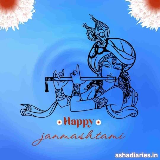 Illustration of Lord Krishna Playing the Flute with a 'Happy Janmashtami' message on a blue background, featuring decorative flowers at the top corners and the website name 'ashadiaries.in' at the bottom right.