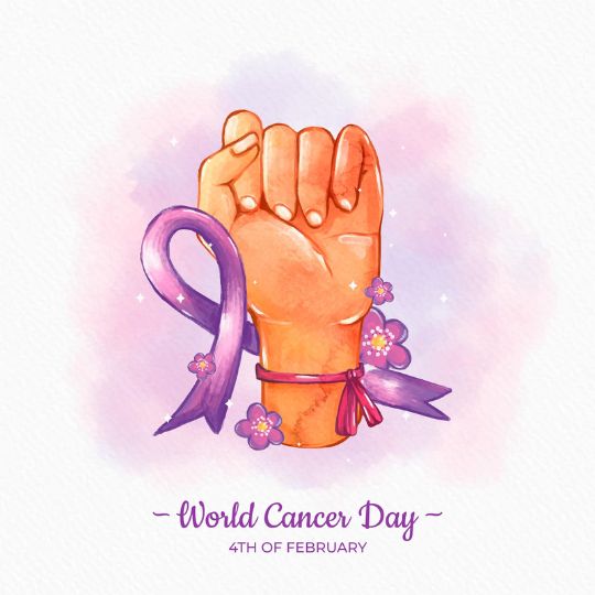 Illustration for World Cancer Day Featuring a Clenched Fist Wrapped with a Lavender Ribbon, Symbolizing Awareness and Support for Cancer, Accented with Delicate Pink Flowers, Set Against a Soft, Watercolor-style Background.