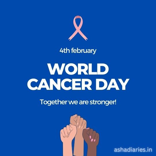 Graphic for World Cancer Day with a Pink Ribbon, Date '4th February', and the message 'Together we are stronger!' against a blue background.