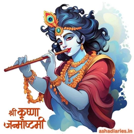 Illustration of Lord Krishna Playing a Flute, Adorned with Traditional Jewelry and Peacock Feather Crown, Accompanied by the Text 'Shri Krishna Janmashtami' in Hindi. The image is branded with 'ashadiaries.in' in the corner.