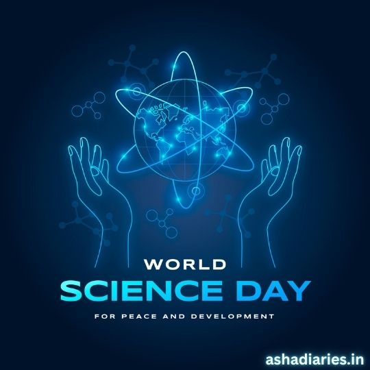 Promotional Graphic for World Science Day Featuring a Neon Blue Illustration of a Globe Surrounded by Atomic Structures, with Two Hands Raised Towards It. the Event's name, 'World Science Day for Peace and Development,' is highlighted along with the website 'ashadiaries.in' at the bottom.