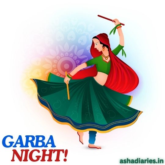 Illustration of a Woman Dancing Garba, Wearing a Green Traditional Outfit, Holding Dandiya Sticks, Celebrating Garba Night with Colorful Background Patterns. Text Reads 'Garba Night!' with the website ashadiaries.in at the bottom.