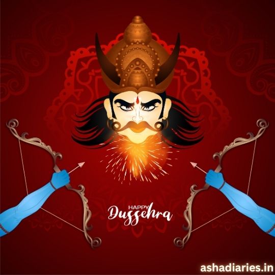 Illustration of Ravana with Arrows Aimed at Him from Both Sides, Symbolizing the Victory of Good over Evil on Dussehra, with a Festive Red Background and the Text 'Happy Dussehra' along with the website name ashadiaries.in.