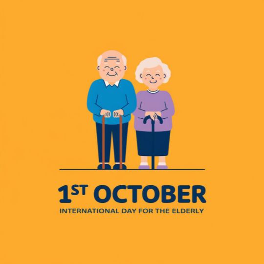 Illustration of an Elderly Man and Woman Standing with Walking Canes, Celebrating the International Day for the Elderly on October 1st, Depicted on a Bright Orange Background.