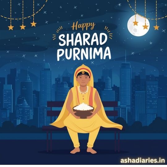 Illustration of a Person Dressed in Traditional Attire, Sitting and Holding a Bowl of Kheer Under a Bright Full Moon, with Stars and a City Skyline in the Background, Celebrating Sharad Purnima. the Text 'Happy Sharad Purnima' is displayed at the top, with the website ashadiaries.in mentioned at the bottom.