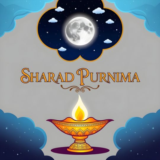 Illustration of Sharad Purnima Festival with a Bright Full Moon in a Cloudy Night Sky and a Lit Traditional Oil Lamp in the Foreground, Symbolizing the Celebration of the Auspicious Festival.