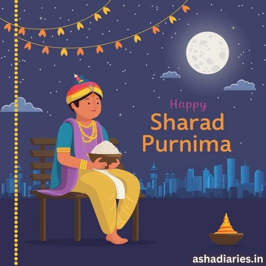 Illustration of a Man Sitting on a Bench Under the Full Moon with a Bowl of Kheer, Celebrating Sharad Purnima. the Background Features a City Skyline, Decorative Lights, and a Lamp. the Text Reads 'Happy Sharad Purnima,' and the image is branded with the website ashadiaries.in.