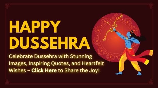 Happy Dussehra Banner with Illustration of Lord Rama Holding a Bow and Arrow, Featuring the Text: 'Celebrate Dussehra with Stunning Images, Inspiring Quotes, and Heartfelt Wishes – Click Here to Share the Joy!