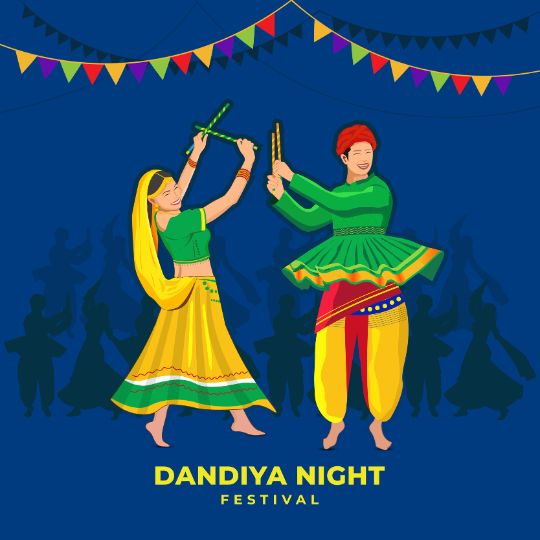 Illustration of a Man and Woman in Traditional Colorful Attire Performing Dandiya Dance, Celebrating Dandiya Night Festival, with Festive Flags in the Background.