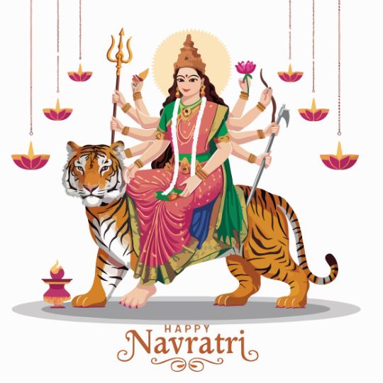 Illustration of Goddess Durga Riding a Tiger, Holding Multiple Weapons, with Hanging Oil Lamps and 'Happy Navratri' text at the bottom.