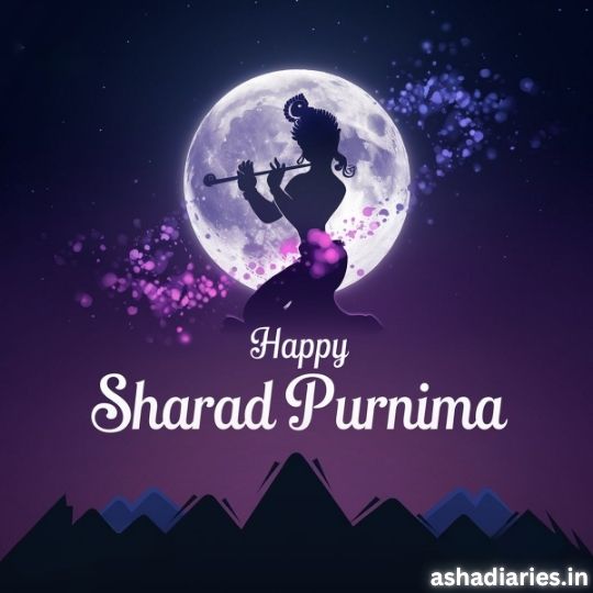 Illustration of Lord Krishna Playing the Flute with a Full Moon in the Background, Set Against a Serene Mountain Landscape, with the Text 'Happy Sharad Purnima' and ashadiaries.in watermark.