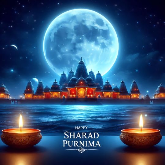 Illustration of Sharad Purnima Celebration Featuring a Glowing Full Moon in the Night Sky over a Beautifully Lit Temple by the Water, with Two Oil Lamps in the Foreground and the Text 'Happy Sharad Purnima' written below.