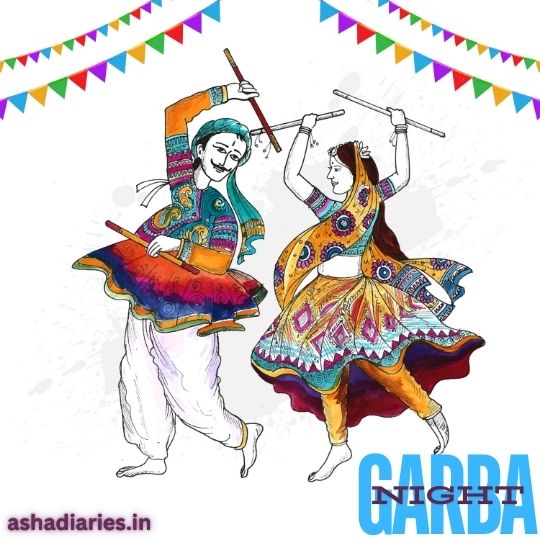 a Colorful Illustration of a Man and Woman Dressed in Traditional Attire Performing Garba, a Popular Indian Folk Dance, During Garba Night. the Couple is Holding Dandiya Sticks While Dancing with Vibrant and Intricate Patterns on Their Clothes. the Image Features Festive Bunting in the Background, Symbolizing Celebration. the Text 'Garba Night' is displayed in bold letters at the bottom. The website ashadiaries.in is also mentioned in the corner.