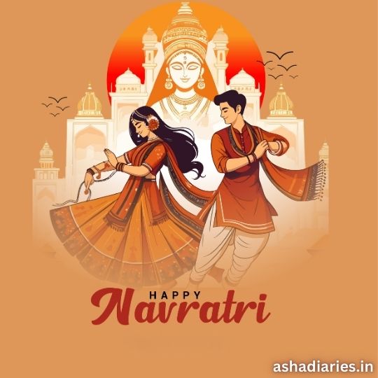 Illustration of a Man and Woman Dancing in Traditional Attire, Celebrating Navratri with the Backdrop of a Temple and Goddess Durga's image. The warm orange and red hues add to the festive ambiance, with the text 'Happy Navratri' at the bottom. Website branding 'ashadiaries.in' is visible in the corner.