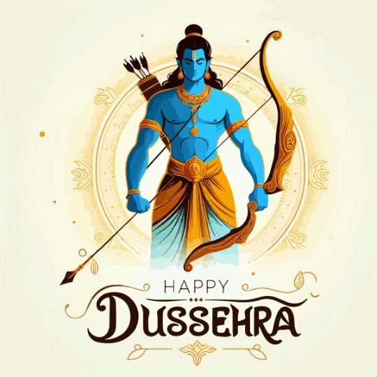 Illustration of Lord Rama Holding a Bow and Arrow with the Text 'Happy Dussehra' below, symbolizing the celebration of the Dussehra festival.