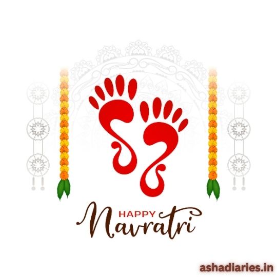 Happy Navratri Image Featuring Red Footprints of Goddess Durga with Marigold Garlands and Decorative Elements. Ashadiaries.in Branding at the Bottom.