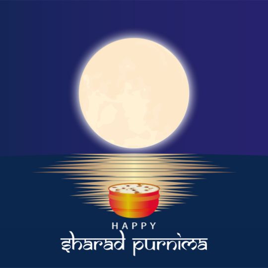 Illustration of a Bright Full Moon Reflecting on a Calm Water Body with a Bowl of Kheer in the Foreground, Symbolizing the Celebration of Sharad Poornima.