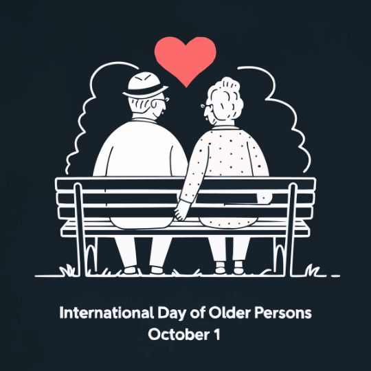 Illustration of an Elderly Couple Sitting on a Bench, Holding Hands, with a Red Heart Symbol Above Them. the Text Below Reads 'International Day of Older Persons, October 1.