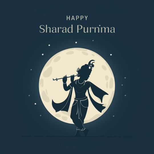 Illustration of Lord Krishna Playing the Flute with a Full Moon in the Background, Celebrating Sharad Purnima, with Text 'Happy Sharad Purnima.