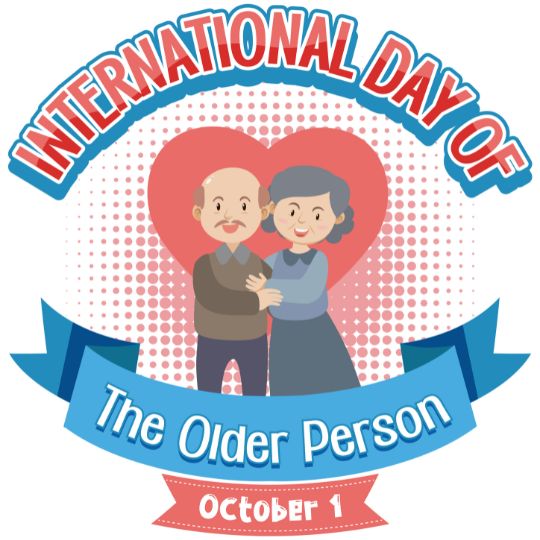 Illustration of an Elderly Couple Standing Together in Front of a Heart Shape with the Text 'International Day of the Older Person' and 'October 1' in blue and red banners.