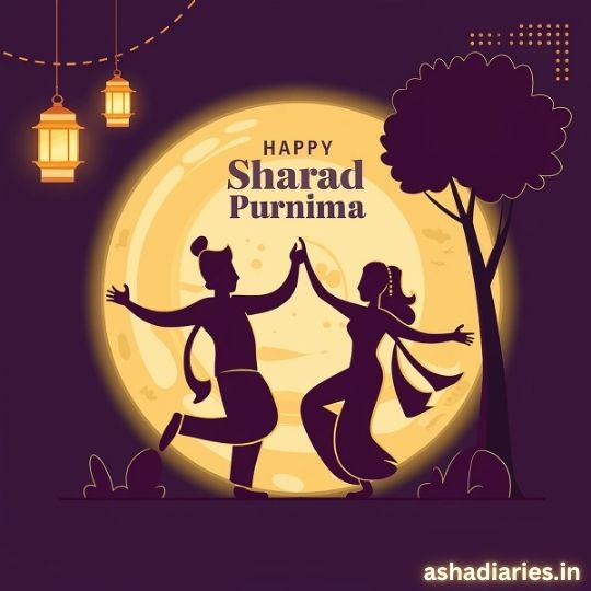 Happy Sharad Purnima Celebration with a Silhouette of a Dancing Couple Under a Full Moon, Illuminated Lanterns, and a Tree on the Side. the Festive Graphic Features a Serene Night Scene, with the Text 'Happy Sharad Purnima' in the center, and a blog name 'ashadiaries.in' at the bottom.