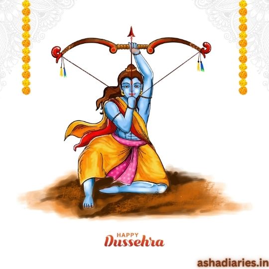 Illustration of Lord Rama Drawing His Bow, Symbolizing the Victory of Good over Evil, with the Text 'Happy Dussehra' at the bottom, set against a decorative background. Image from ashadiaries.in.