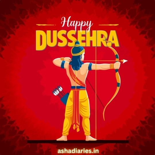 Illustration of Lord Rama with a Bow and Arrow on a Red Background, Celebrating Dussehra with the Text 'Happy Dussehra' and the website name ashadiaries.in at the bottom.