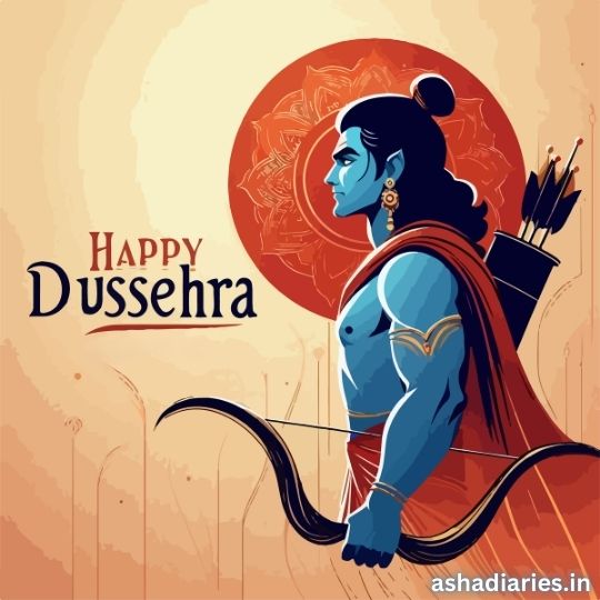 Illustration of Lord Rama Holding a Bow and Arrow with a Red Halo in the Background, Wishing 'Happy Dussehra,' with ashadiaries.in watermark. This alt text is SEO-friendly and accurately describes the image content.