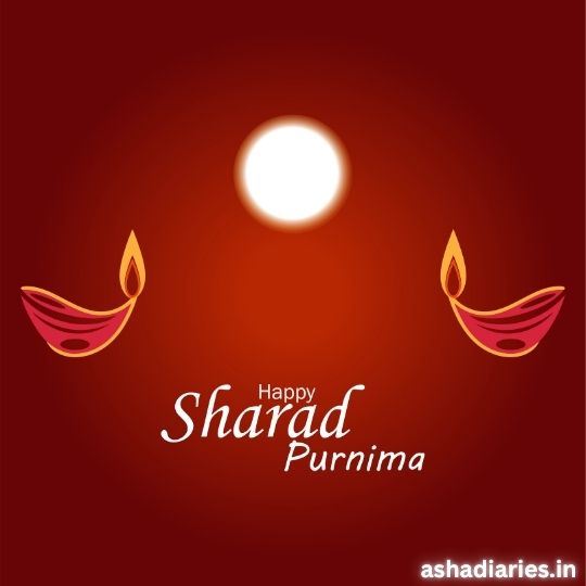 Elegant Sharad Purnima Celebration with Full Moon and Glowing Diyas on a Red Background, Featuring a Festive Greeting.