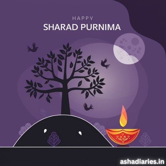 Happy Sharad Purnima Celebration Illustration with a Glowing Diya, a Tree with Birds Flying, and a Full Moon in the Background. the Image Features a Dark Purple Color Scheme with 'ashadiaries.in' mentioned at the bottom, symbolizing the festive and spiritual significance of Sharad Purnima.