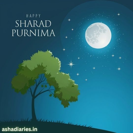 Illustration of a Serene Night with a Bright Full Moon in the Sky, Stars Shining, and a Tree Silhouette, Celebrating Sharad Purnima, with the Text 'Happy Sharad Purnima' and website 'ashadiaries.in' displayed.