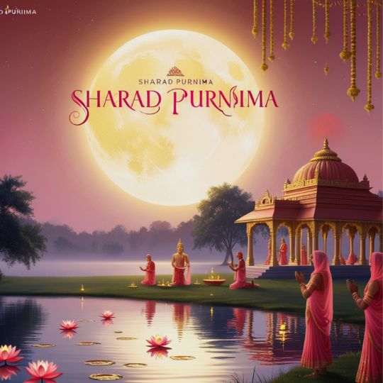 Sharad Purnima Celebration Under a Full Moon Night with Women in Traditional Attire Offering Prayers by a Serene Lake, with a Beautifully Lit Temple in the Background and Lotus Flowers Floating on the Water.