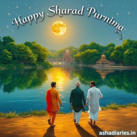 Three Men in Traditional Indian Attire Walking by a Serene Riverside Under a Bright Full Moon, with Temples in the Background and the Text 'Happy Sharad Purnima' above. The image conveys a peaceful and festive atmosphere, celebrating the Sharad Purnima festival, with the ashadiaries.in watermark in the corner.