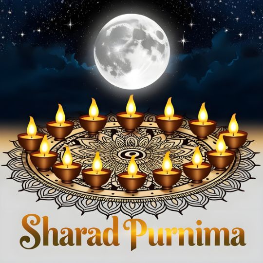 Sharad Purnima Celebration with a Full Moon and Glowing Oil Lamps Arranged in a Decorative Mandala Pattern Under a Starry Night Sky.