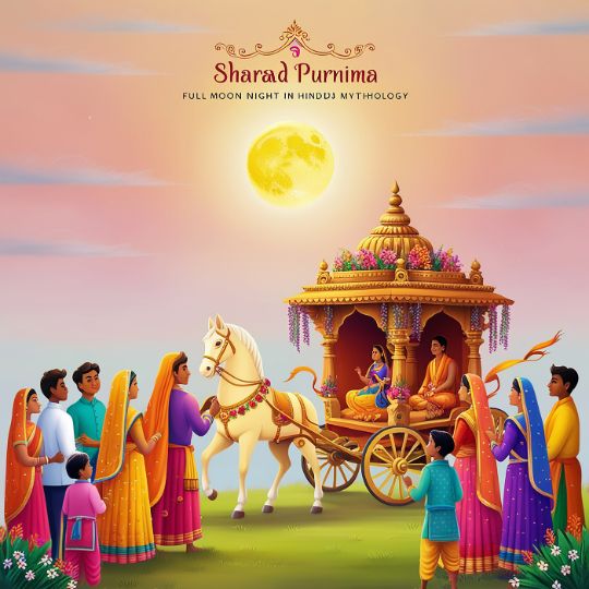 Illustration of Sharad Purnima Celebration with a Full Moon Shining Brightly in the Sky. a Decorative Chariot, Pulled by a White Horse, Carries Deities and is Surrounded by Devotees Dressed in Traditional Attire. the Scene Depicts a Festive Gathering Under the Moonlight, Highlighting the Significance of Sharad Purnima in Hindu Mythology.